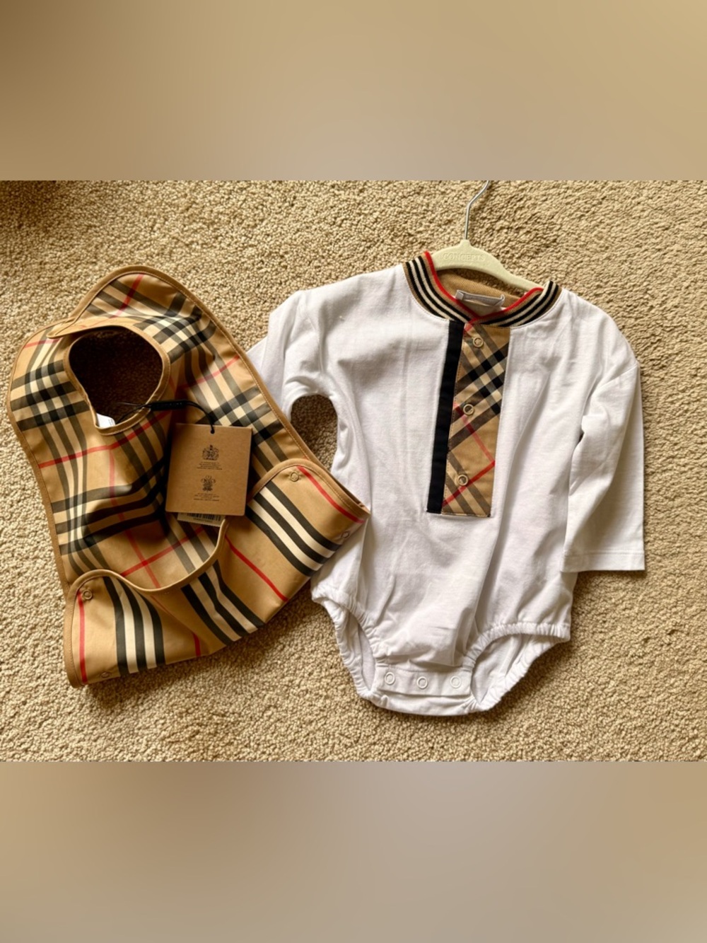 Burberry White Baby One-Piece with Beige Check Placket includes bib